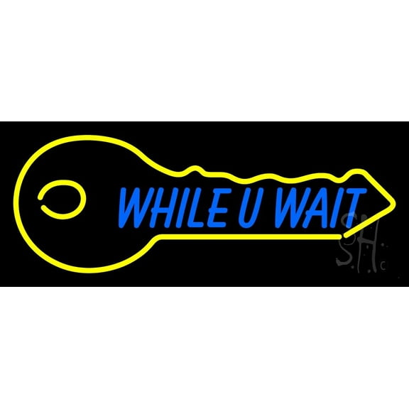 While You Wait Key Logo 1 LED Neon Sign 10" Tall x 24" Wide - inches Black Square Cut Acrylic Backing, with Dimmer - Premium built indoor Sign for Storefront, Store interior, Exhibition, Decor.