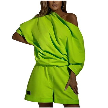 Mrat High- Elastic Waist Pants Women s Fashion Bodyguard Set with One Line Neck and Off Shoulder Loose Two Piece Set Women Paper Bag Waist Pants S-537 Green XL