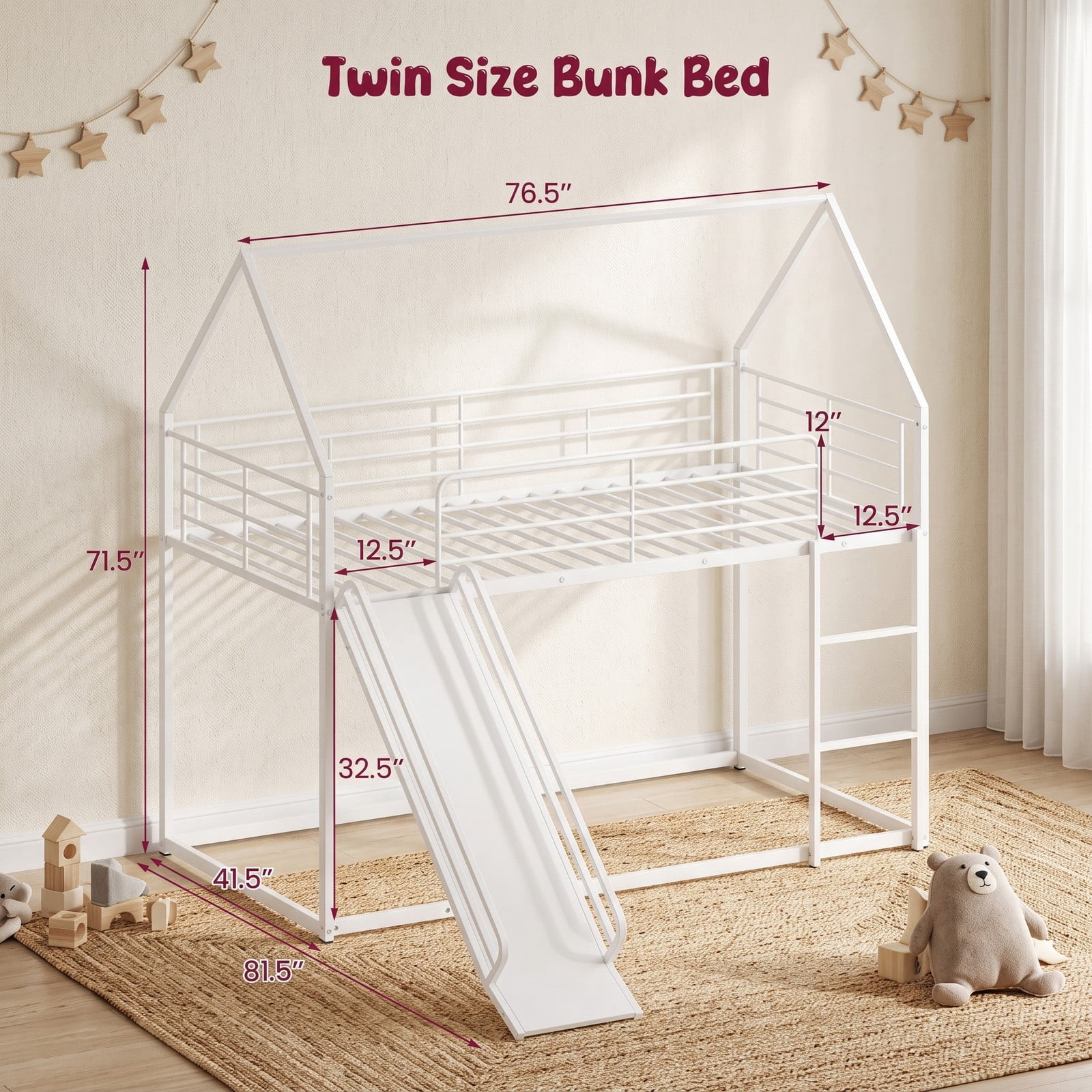 Furnibear House-shaped Twin Over Twin Metal Low Bunk Bed with Slide Ladder and Full-length Guardrails for Kids Rooms, White