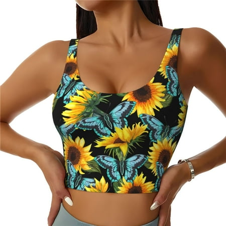 Matuu Blue Batterflies Sunflower for Women s Sports Bra - Soft  Comfortable and Breathable Sports Vest for Yoga  Fitness  and Dance-Large