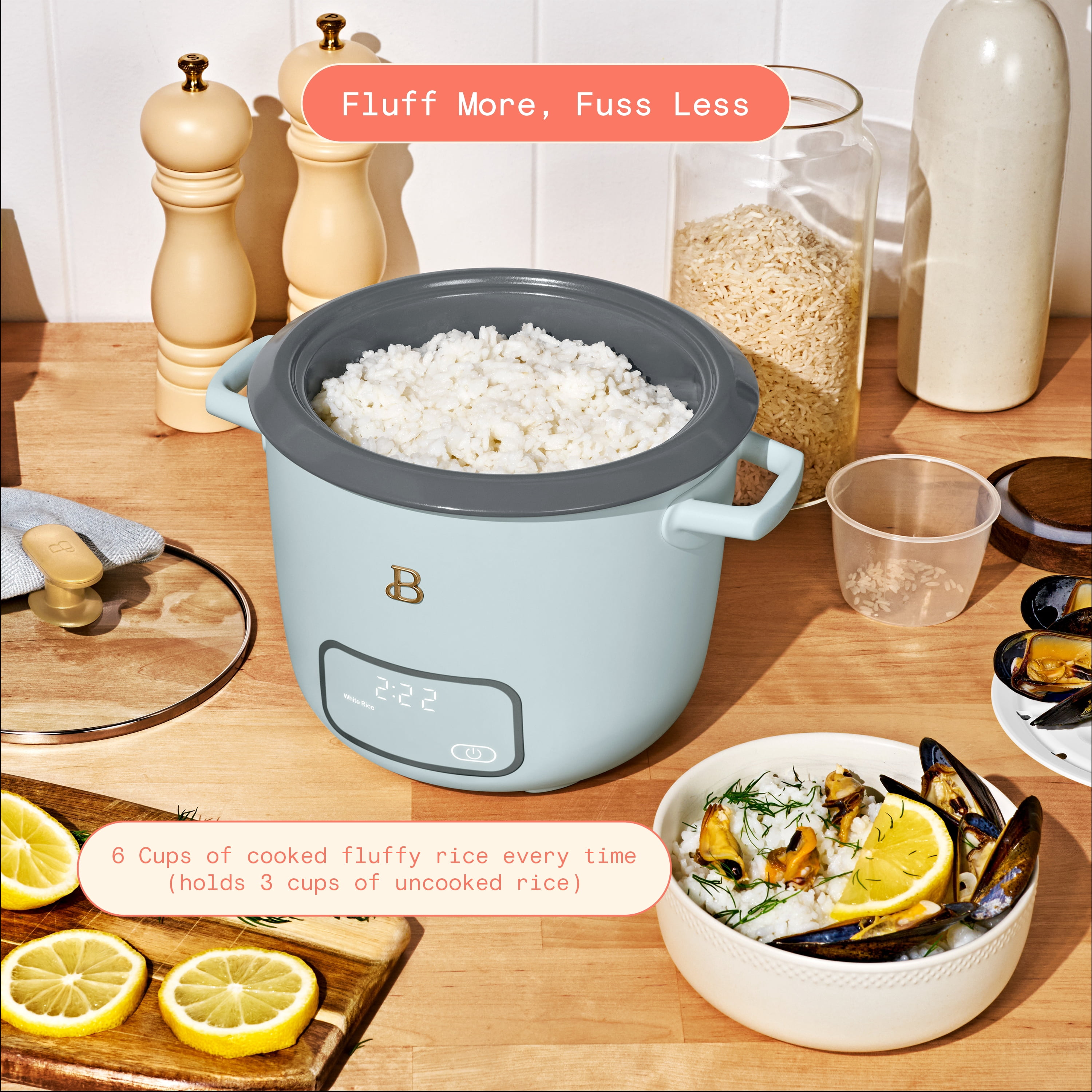 Beautiful 6-Cup Cooked, 3-Cup Uncooked Digital Electric Rice and Grain Cooker with Glass Lid, Hydrangea by Drew Barrymore