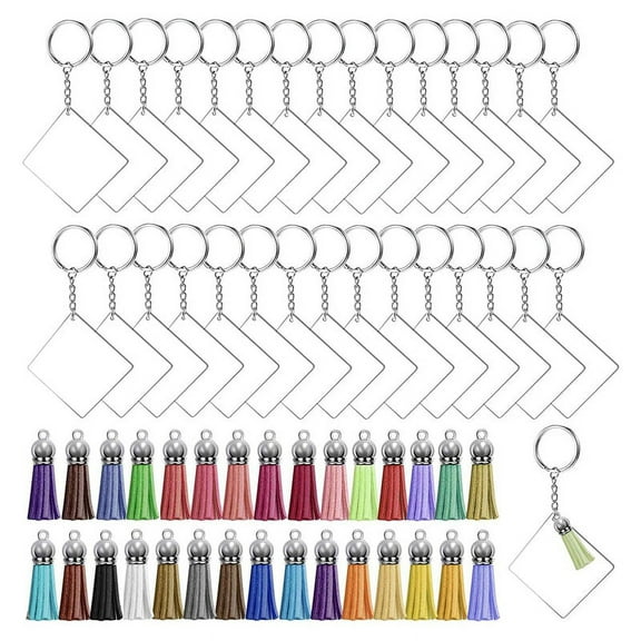 120 Pcs Square Acrylic Keychain Blanks Tassels Set Including Acrylic Blanks Silver
