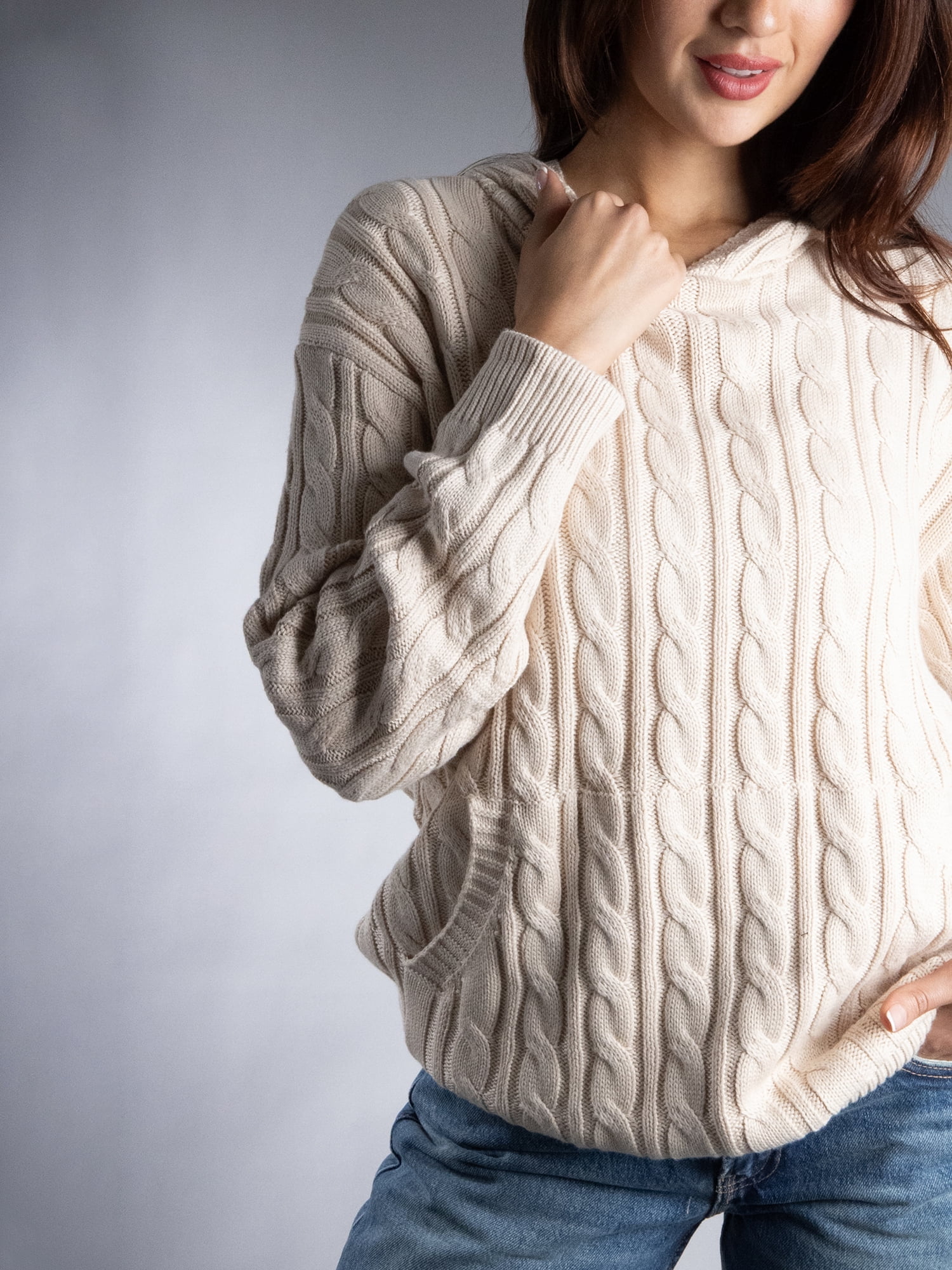 DARING DIVA Women's Stylish Oversized Cable Knit Hooded Sweater L Cream