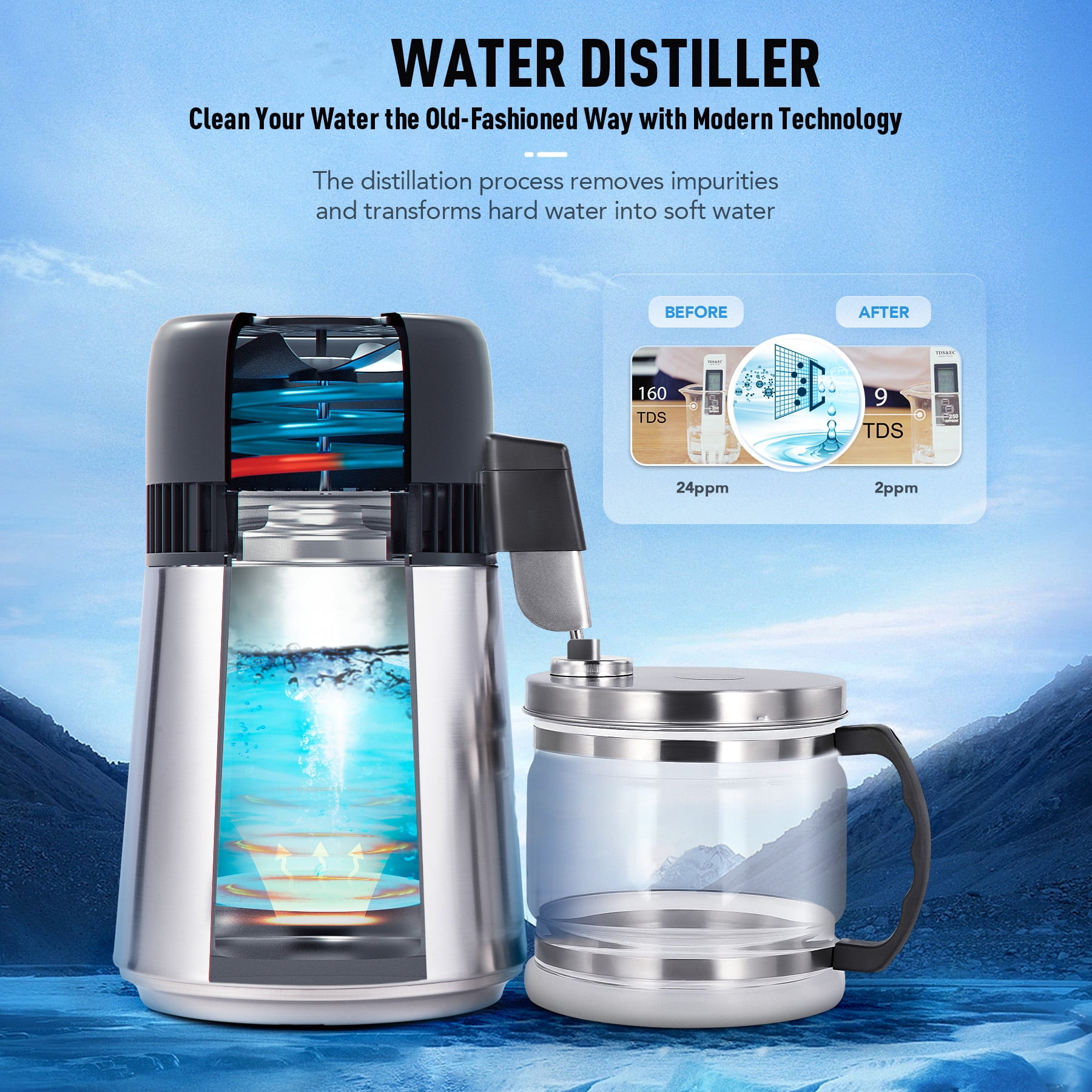 Preenex 1 Gallon/ 4L Home Stainless Steel Water Distiller w/ Glass Bottle