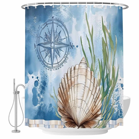 Xipuska Coastal Nautical Shower Curtain - Water Repellent Fabric Shower Curtains Washable, Summer Ocean Shell Seaweed Decorative Polyester Cloth Bathroom Curtains Modern Bath Decor 36"x72"