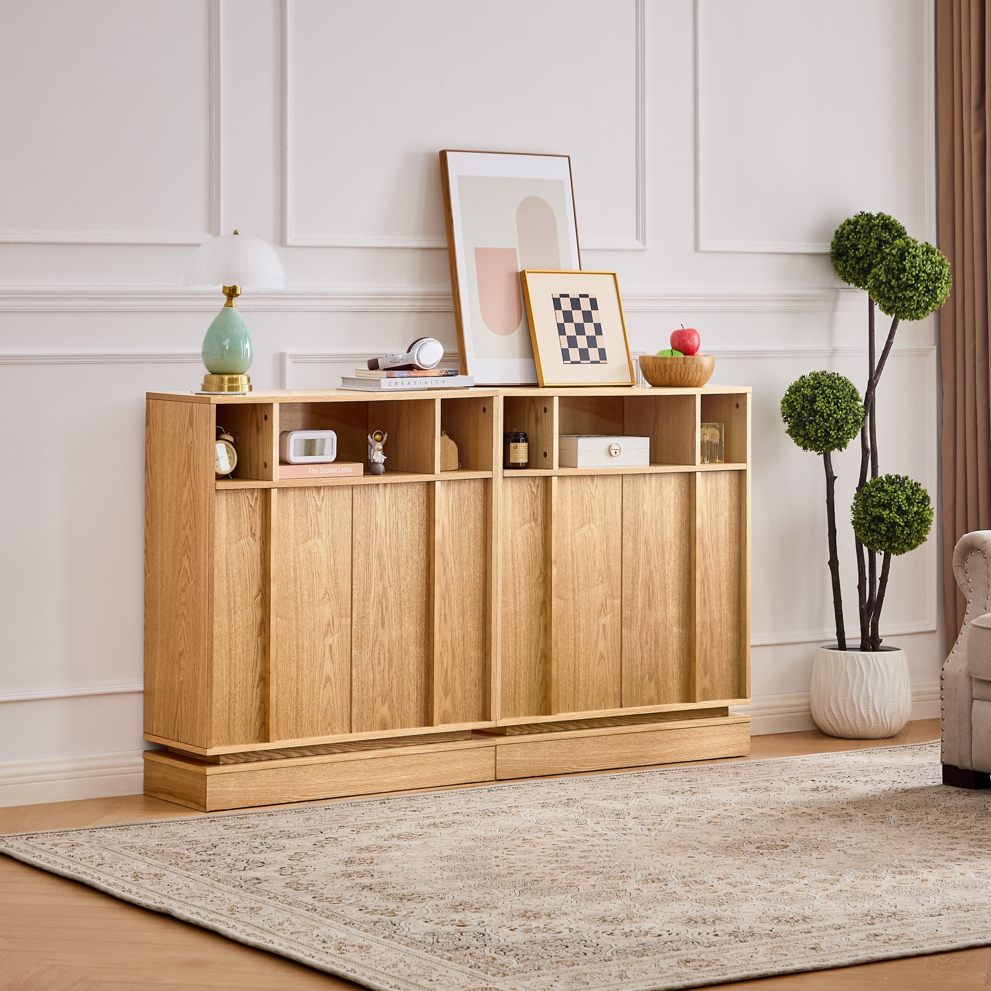 Leumius Sideboard Buffet Cabinet with Storage, Farmhouse Fluted Sideboard with 2 Doors & Adjustable Shelf, TV Media Console, Storage Cabinet for Entryway Hallway Kitchen Dining Living Room,Natural