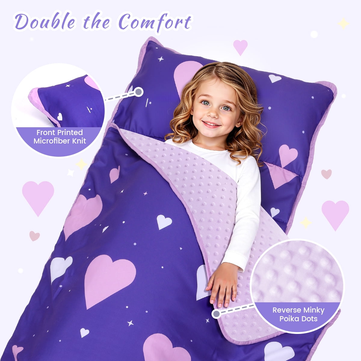 Toddler Nap Mat, Caveen Sleeping Bag with Blanket and Removable Pillow, Portable Slumber Bags for Daycare and Travel, Easy to Roll, 55"x22", Purple
