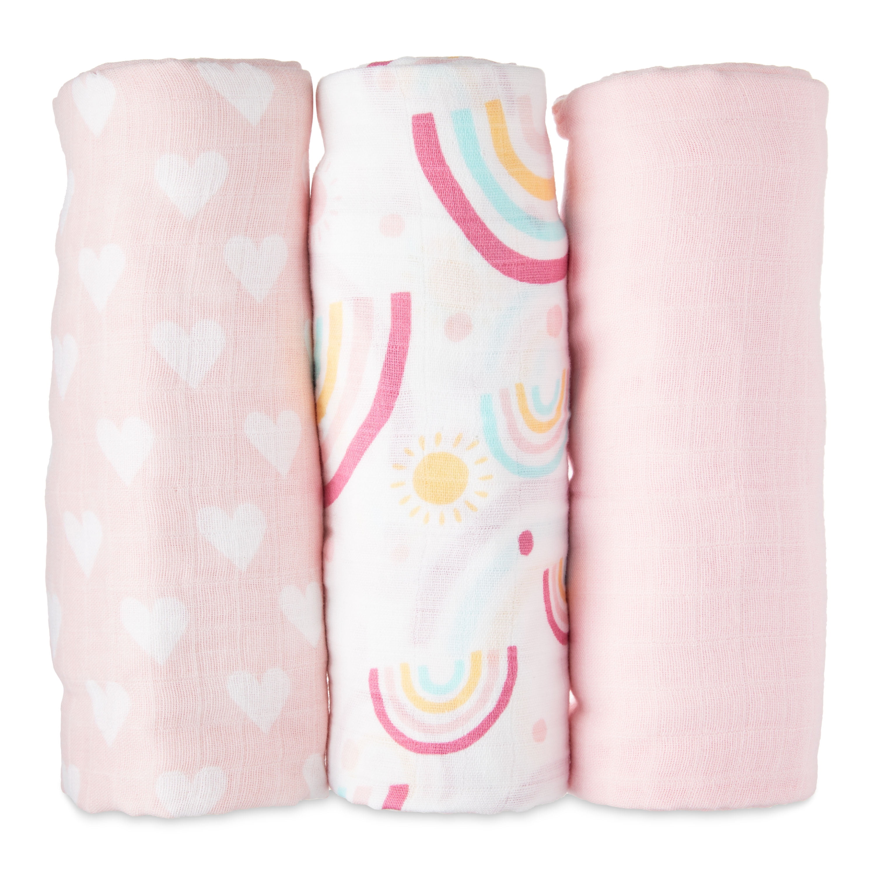 Parent's Choice Muslin Extra Large Swaddle 3pk, Rainbow, Pink and White