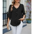 thumbnail image 6 of Womens Chiffon Pleated Blouse Mid Sleeve V Neck Ruffle Detail Loose Fit Top, 6 of 8