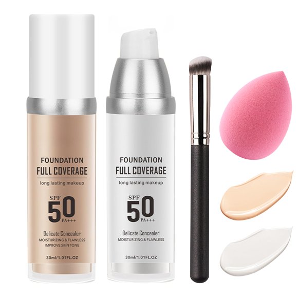 Cambio de color con brocha de base de color natural y esponja de maquillaje SPF 50 PA+++ Control de aceite Base líquida de total Maquillaje Corrector humectante impecable para todo tipo de piel
