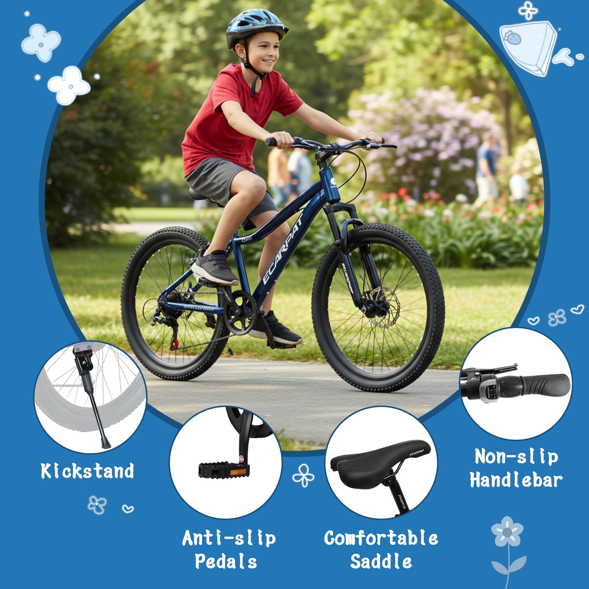24 Inch Mountain Bike for Teenager, 7 Speed Mountain Bicycle with Front Suspension, Front Disc Brake and Rear V-Brake, Carbon Steel Frame Outdoor Cycling City Bike, Blue