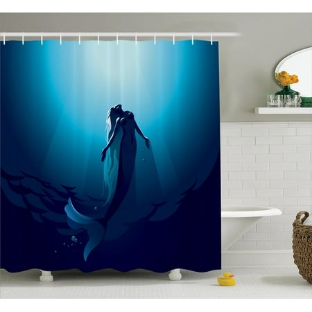 Mermaid Decor Shower Curtain Set, Mermaid In Deep Water Swimming Up To The Surface Sunlight Rays, Bathroom Accessories, 69W X 70L Inches, By Ambesonne