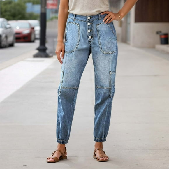 Women's Casual Pants Stretch Ankle Joggers Denim Tapered Cargo Capri Comfortable Fit Fashion Trousers for Daily Wear