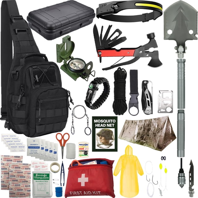 Kit de supervivencia: equipo y suministros de supervivencia, equipo para acampar, kit 18 en 1 de 75 piezas con primeros auxilios, brújula, linterna frontal, pala, hacha, iniciador de fuego y más. Rega