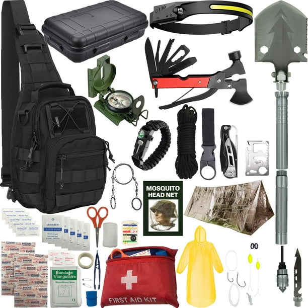 Kit de supervivencia: equipo y suministros de supervivencia, equipo para acampar, kit 18 en 1 de 75 piezas con primeros auxilios, brújula, linterna frontal, pala, hacha, iniciador de fuego y más. Rega