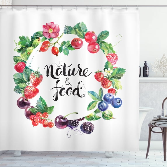 Fruit Shower Curtain, Hand Drawn Watercolor Style Berries with Foliage Leaves Eco Themed Fresh Natural Food, Fabric Bathroom Set with Hooks, 69W X 84L Inches Extra Long, Multicolor, by Ambesonne