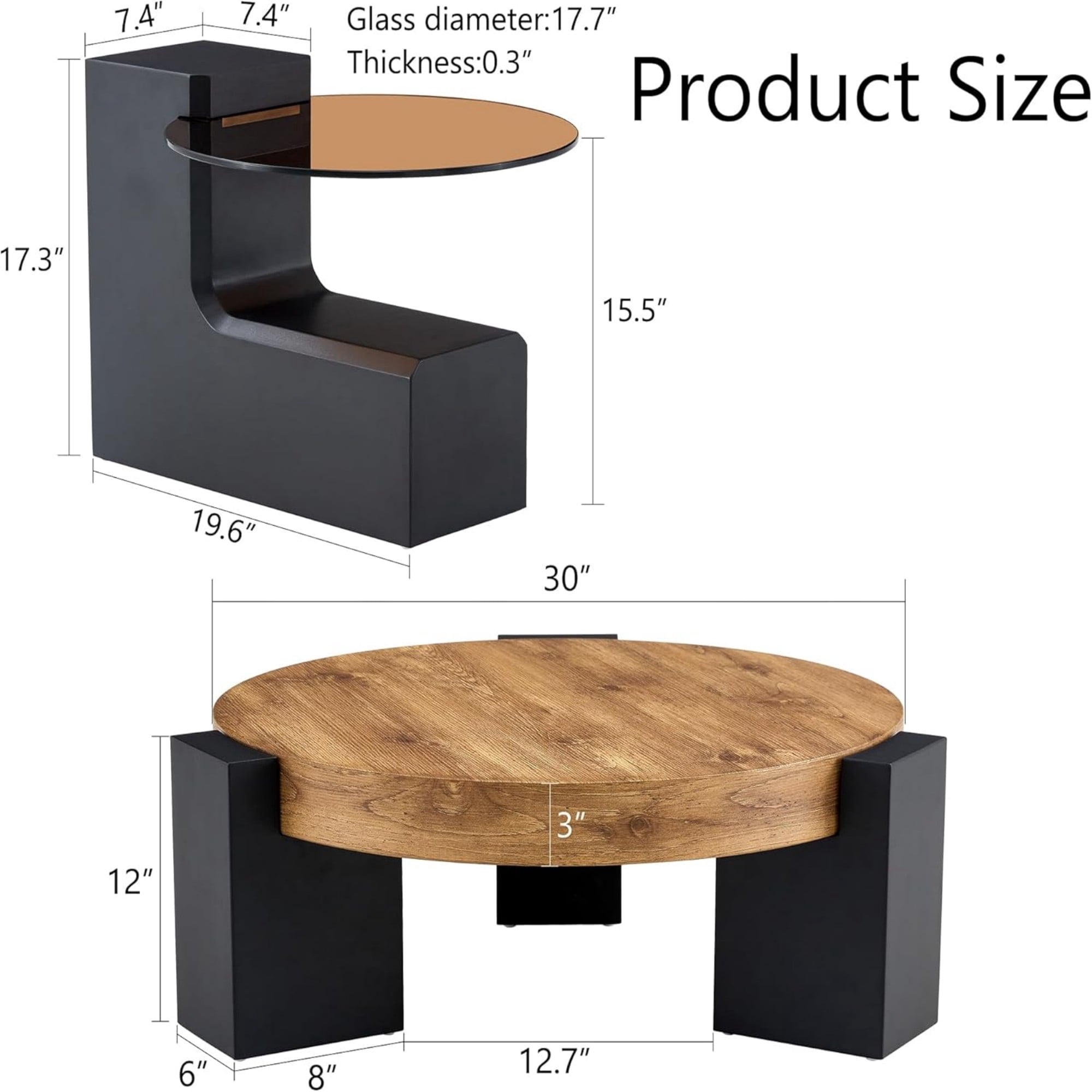 Sudica Detachable Double-decker Coffee Table 30" Round,Tea Table with Black Faux Marble Tabletop,Center Table for Living Room