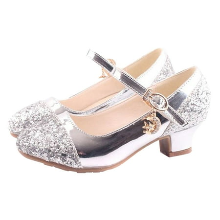 GUOBIOZIY Girls Sandals Sequins Princess Dress Shoes Closed Toe Low Heels for Toddler Little Big Kid Flower Wedding Party Pump Shoes (Silver 9-9.5 Y)