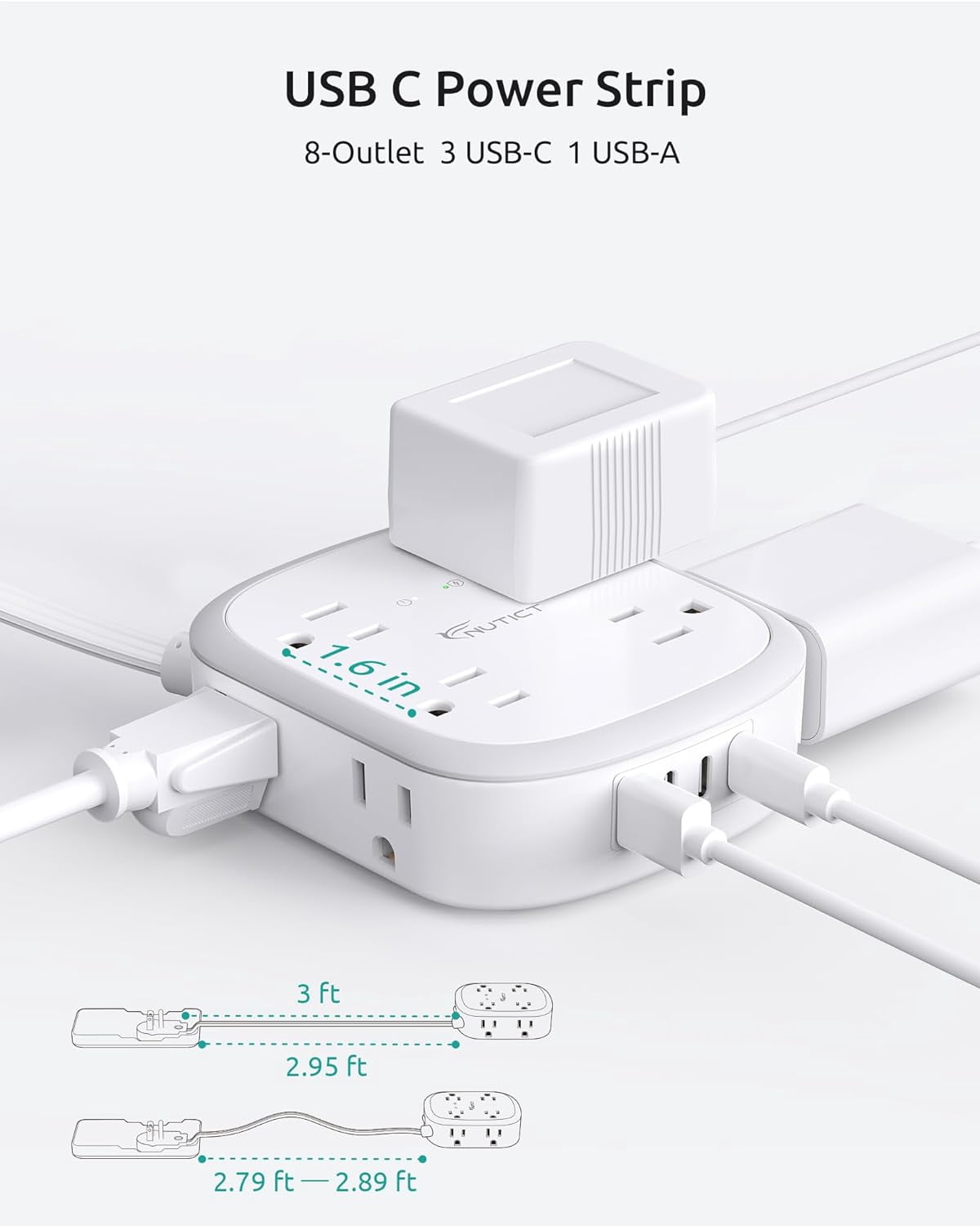JJEAN-Outlet Cover Extension Cord Short 3ft, Flat Plug Power Strip with 8 Outlets & 3 USB-C & 1 USB-A Port, 13A/1625W, 1440J Surge Protector, Indoor 3 Prong Flat Wall Plug for Tight Spaces, White