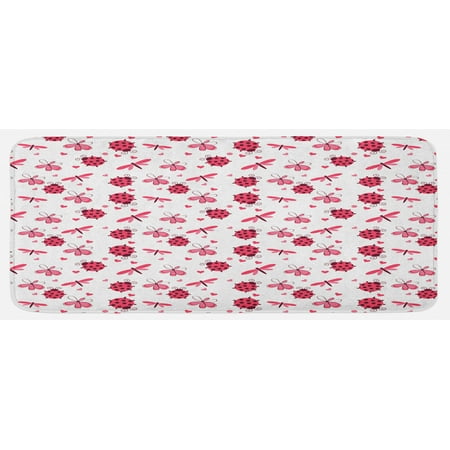 

Ladybugs Kitchen Mat Domed Back Round Ladybugs with Hearts Flowers Dragonflies Romantic Wings Pattern Plush Decorative Kitchen Mat with Non Slip Backing 47 X 19 Red White by Ambesonne