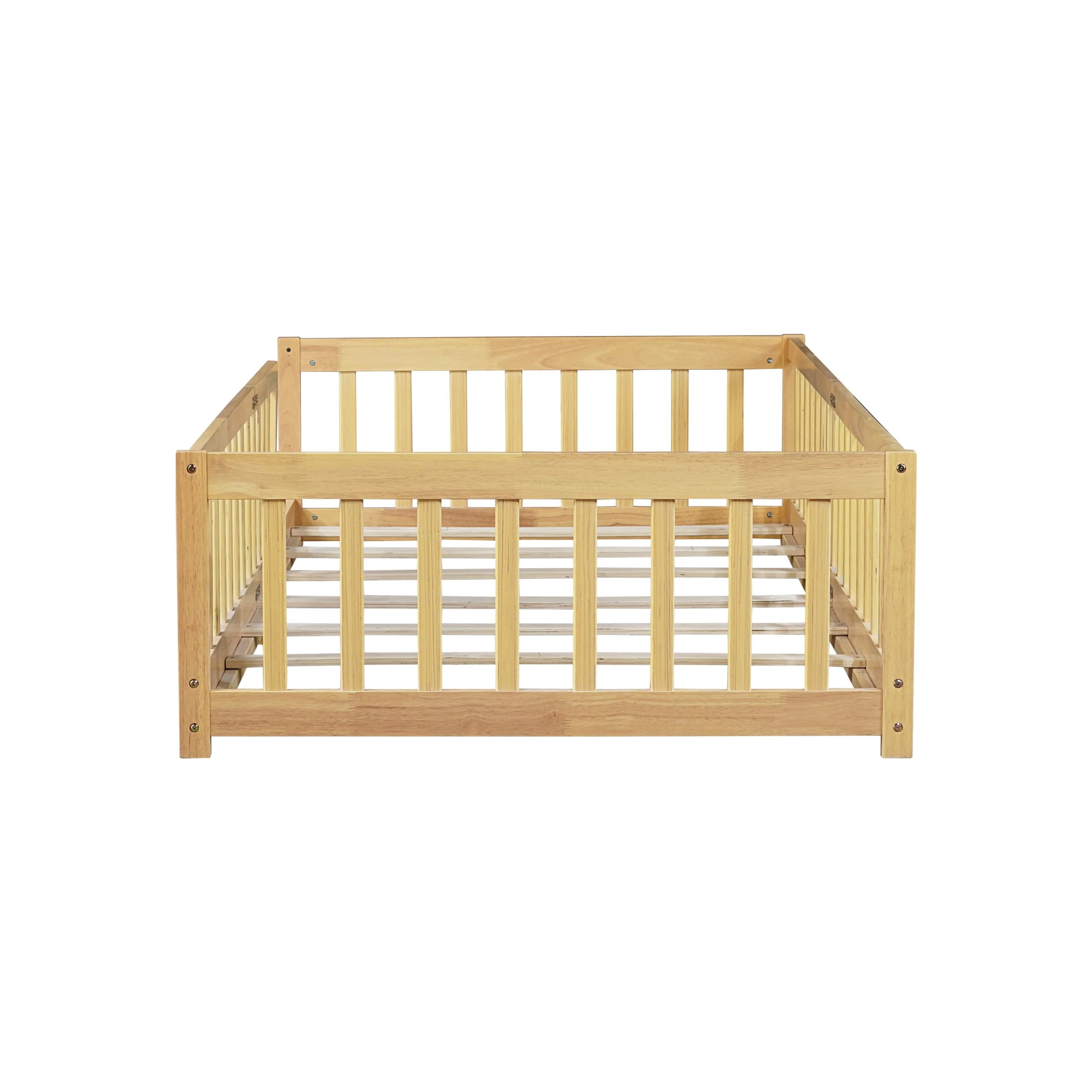 Noble House Erika Twin Floor Bed with Safety Fence, Rubber Wood Montessori Bed Frame, Kid's Room, Natural