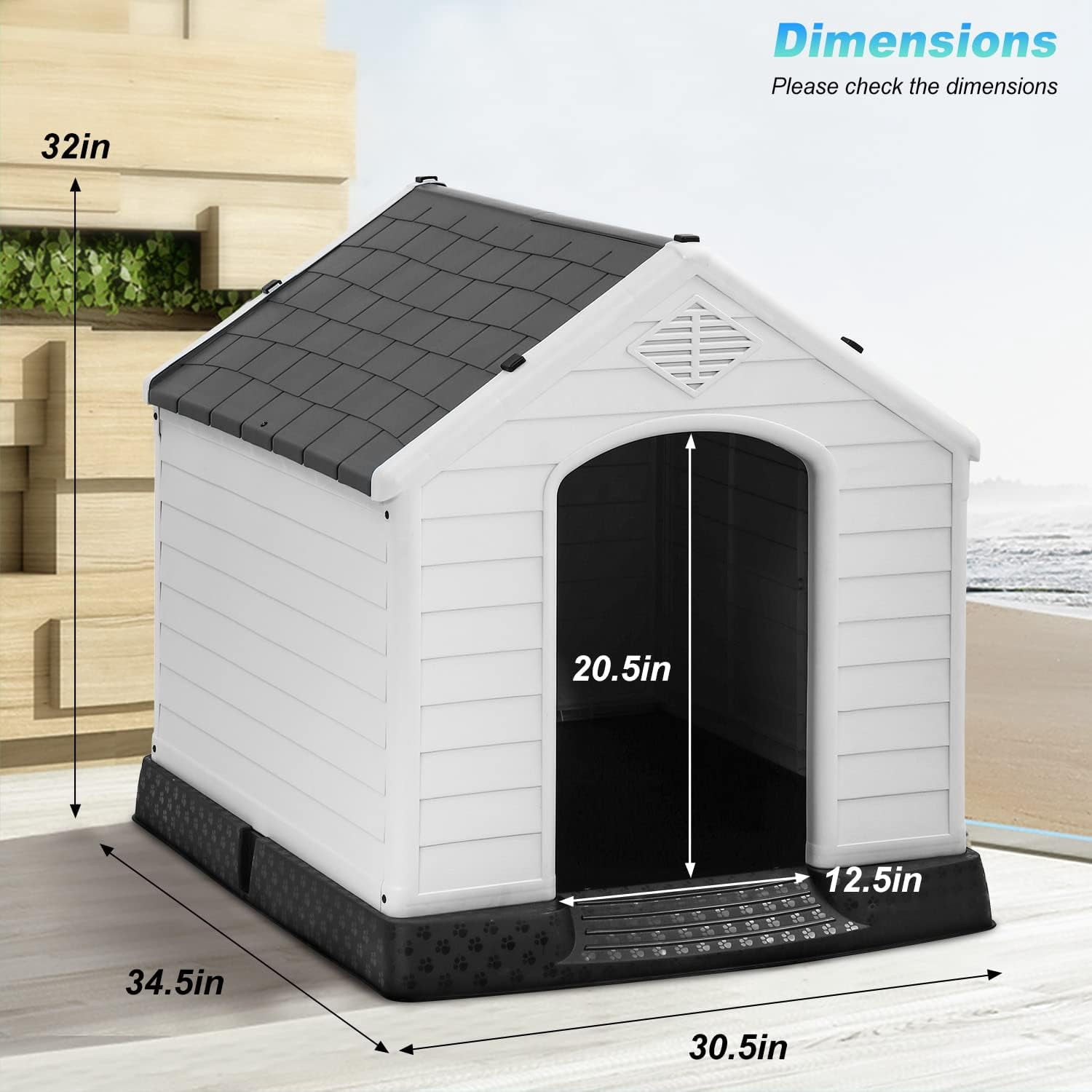 FDW Dog House Indoor Outdoor Durable Ventilate Waterproof Pet Plastic Dog House for Small Medium Large Dogs,34.5"L x 30.5"W x 32"H,Grey