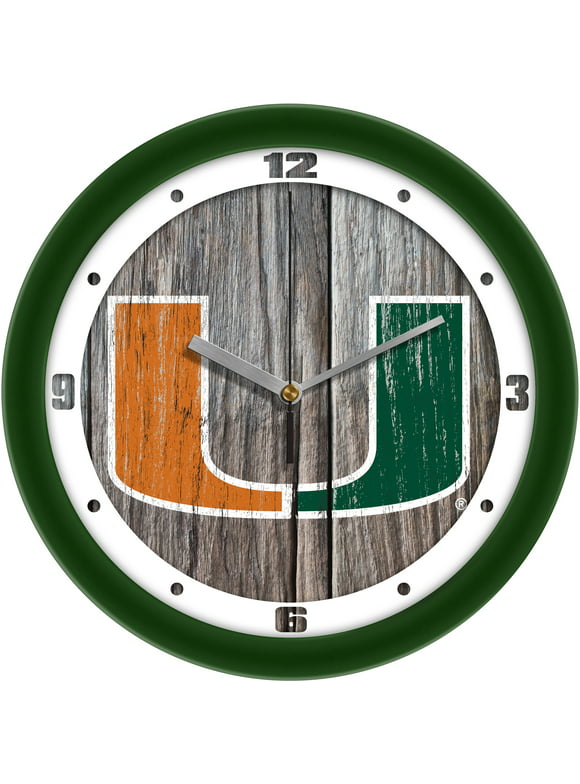 Miami Hurricanes 11.5'' Suntime Premium Glass Face Weathered Wood Wall Clock