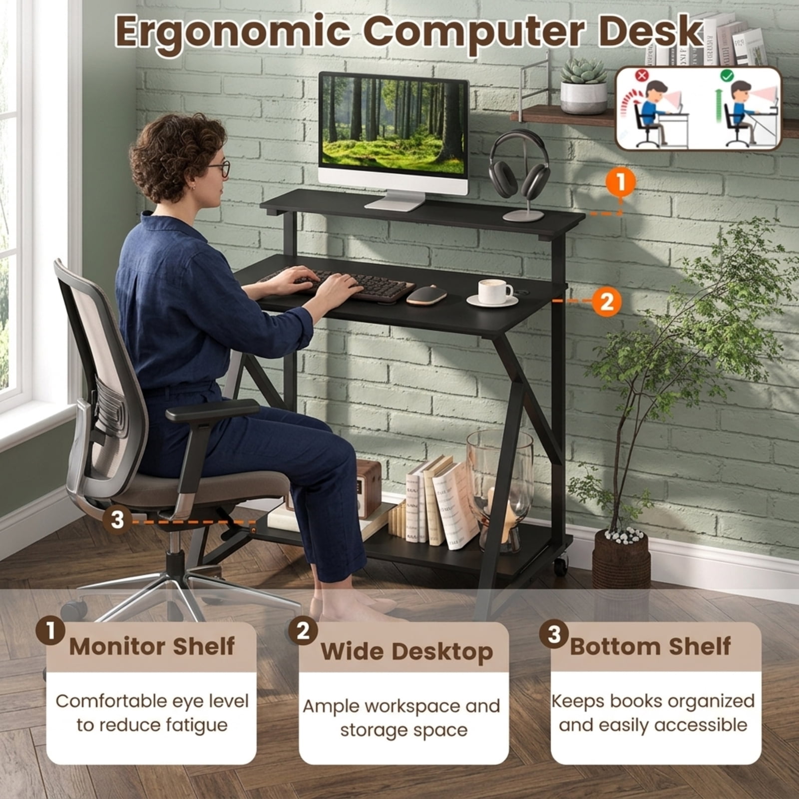 Furnibear 32 Inch Rolling Computer Desk for Small Spaces With Power Outlets and Monitor Shelf, Compact Home Office Desk on Wheels, Black