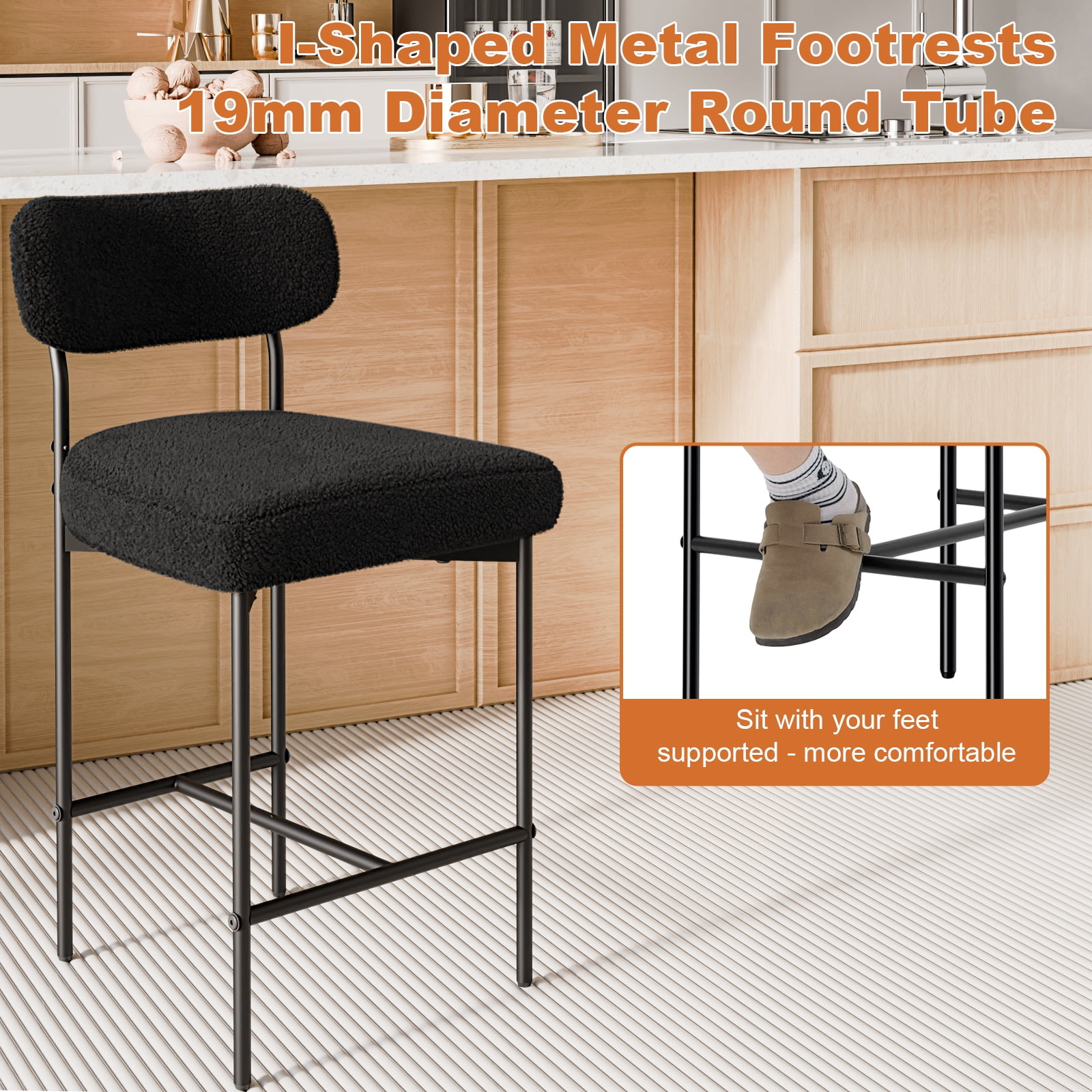 Hommpa Bar Stools Set of 3 with Back & Footrest 26" Counter Height Barstools Boucle Bar Chairs Modern Pub Chairs Black Plush for Kitchen Island Bistro Coffee Shop Mid Back