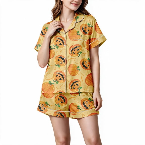 MEICHEN Women's Halloween Satin Pajama Set Short Sleeve Cute Pumpkin Printed Top Matching Shorts Loungewear Soft 2 Piece Nightwear Set