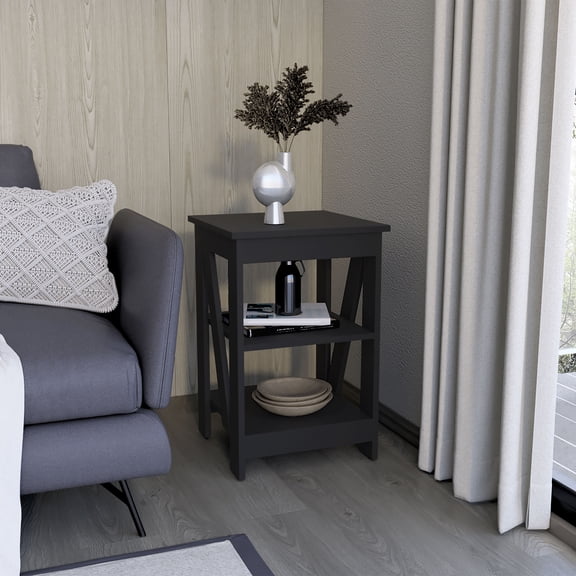 Taylor End Table with 3-Tier Storage Shelf - Black Engineered Wood Nightstand, 23.8"H Side Table for Small Spaces, Sofa Table, Bedroom & Living Room Furniture