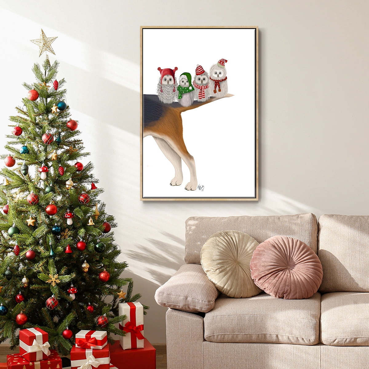 Christmas Bummer Owls - Framed Gallery Wrapped Holiday Canvas - 17 x 25 - Natural Wood Frame
