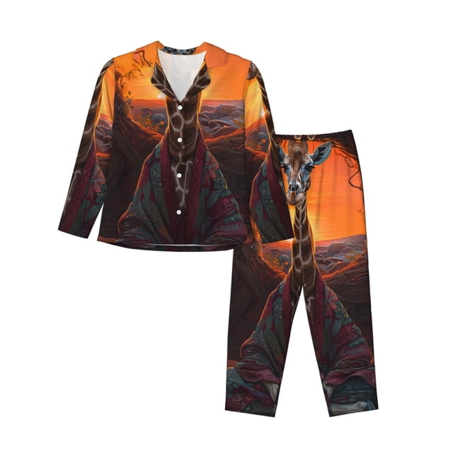 Balery Tree Hollow Meditating Giraffe Conjunto de Pijama con Estampado para Mujer, Conjunto de Dos Piezas con Manga Larga, Ropa de Dormir Suave con Bolsillos, Pijamas Cómodos-Large