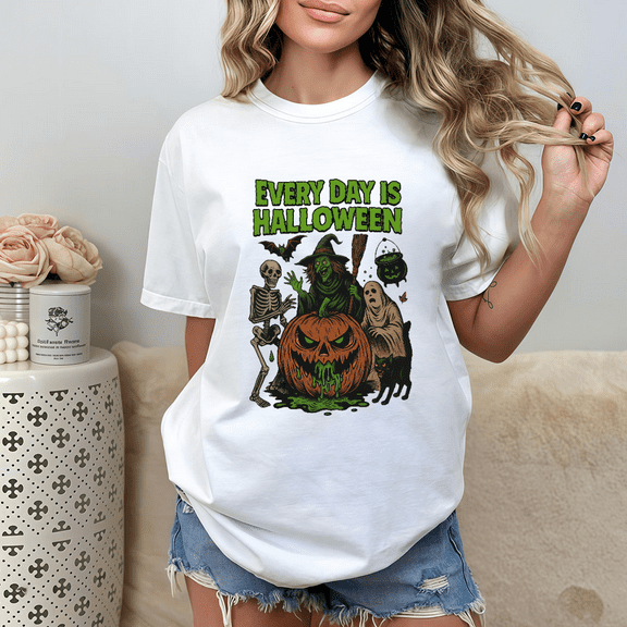 Halloween T-Shirt Pumpkin Skull pattern Tee ，Every Day is Halloween Shirt, Pattern printing，Funny Costume Graphic Tees, Humor Tops，Funny，cotton，white,S-5XL