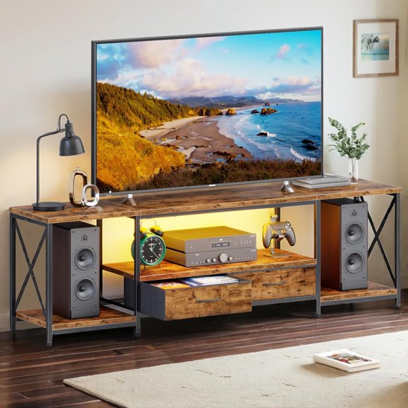 LED TV Stand with Fabric Drawers, Entertainment Center for 65 70 75 Inches Television Stands with Storage Shelves for Living Room, Bedroom, TV Console Table 63" Rustic Brown