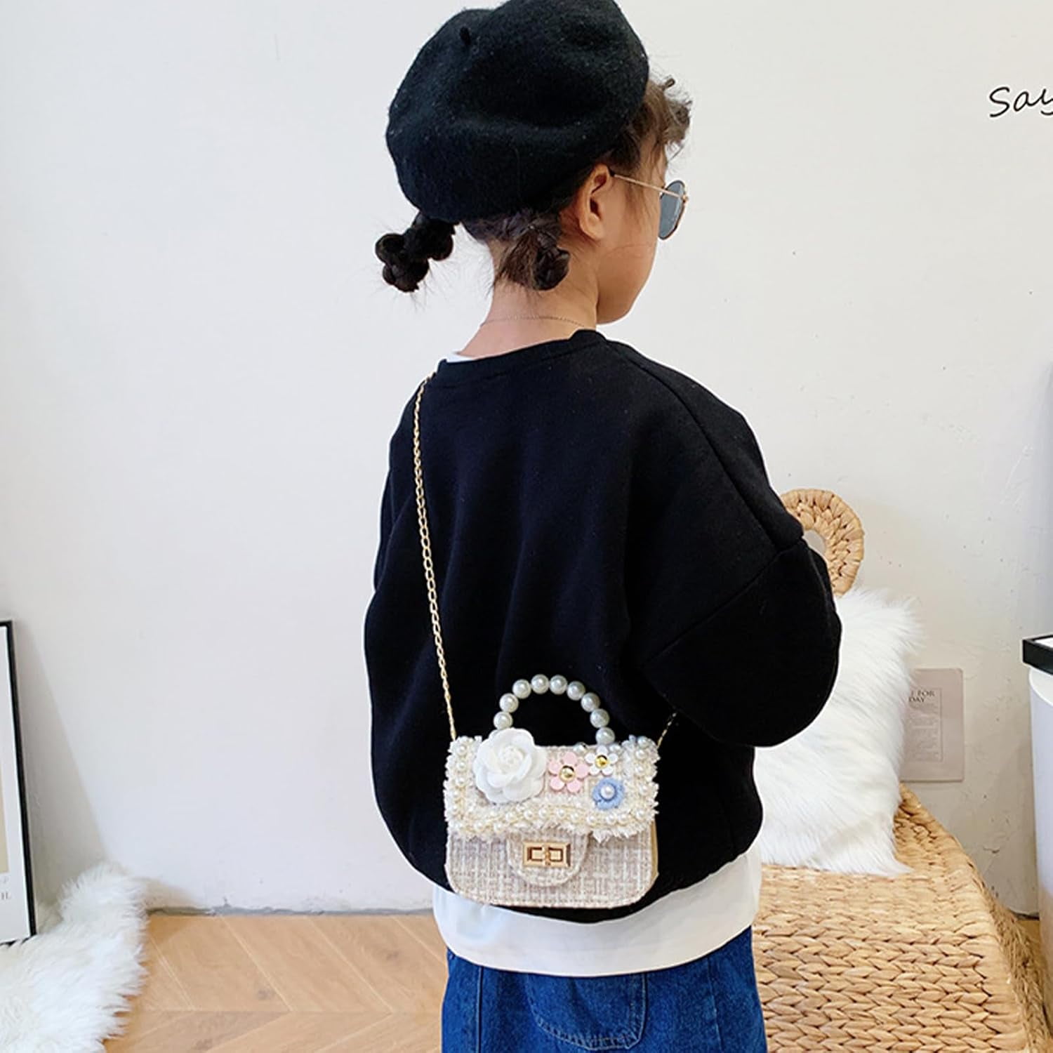 TYMZDYN Little Girls Toddler Crossbody Purse with Pearl Flowers Mini Cute Princess Handbags Shoulder Chain Bag