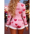 thumbnail image 4 of Women's Deep V Neck One Piece Shorts Bodysuit Furry Trim Long Sleeve Bodycon Jumpsuit Pajama Cute Heart Print Shorts Romper Valentines, 4 of 6