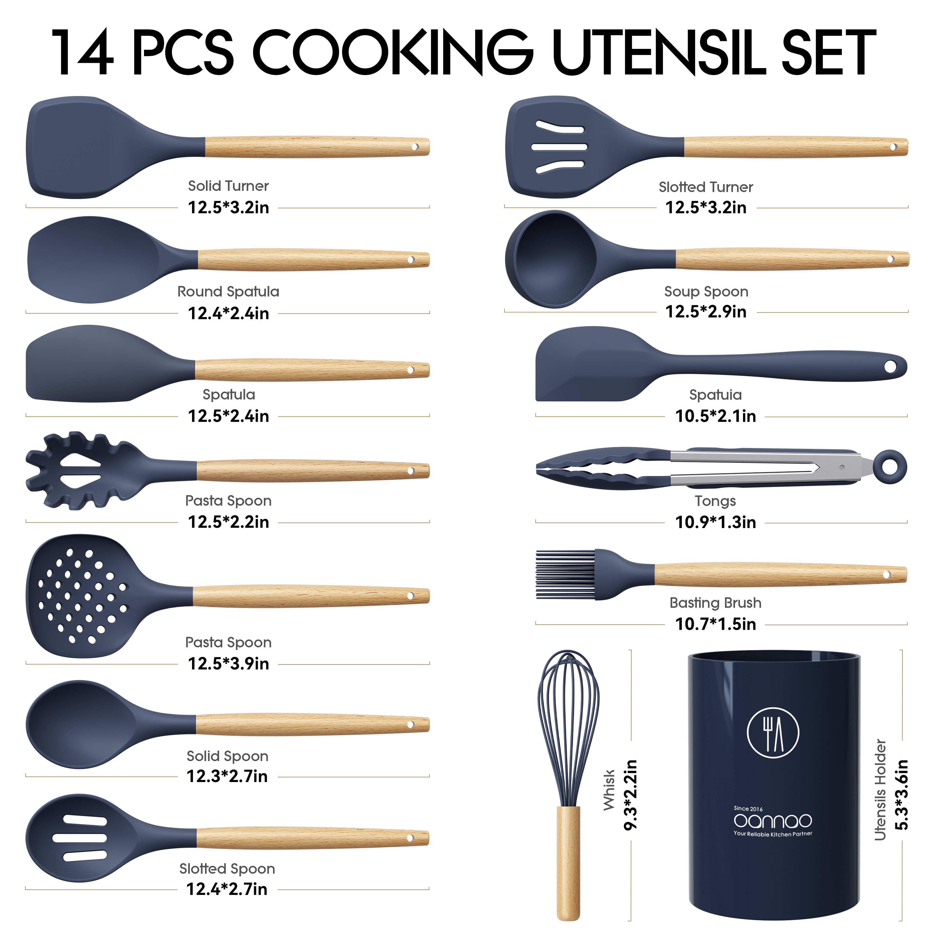 oannao 14-Piece Silicone Utensil Set with Wooden Handles, Navy photo 5