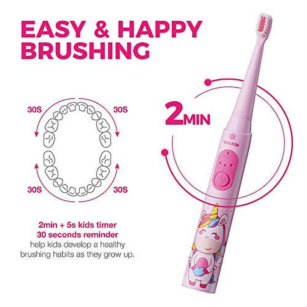 Vekkia Sonic Rechargeable Kids Electric Toothbrush, 3 Modes with Memory, Fun & Easy Cleaning, Strokes, IPX7 Waterproof, 2-Min Timer for Age 3+, 4 Soft Bristles(Rainbow Jada) Pink