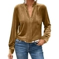 thumbnail image 3 of QATAINLAV Gold Velvet Shirts for Women Dressy Casual Long Sleeve V Neck Blouse Solid Color Ruffle Trim V Neck Holiday Tops M, 3 of 9