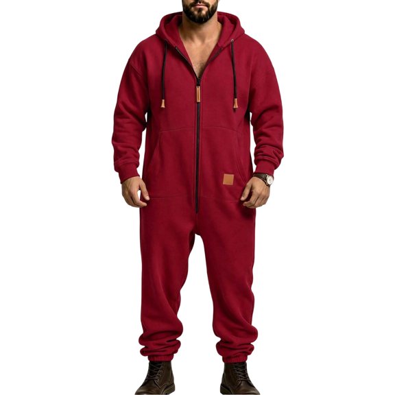 Ceisia Mens Loose Full Zip Hooded One Piece Jumpsuit Casual Sports Onesie Wine XL Gift