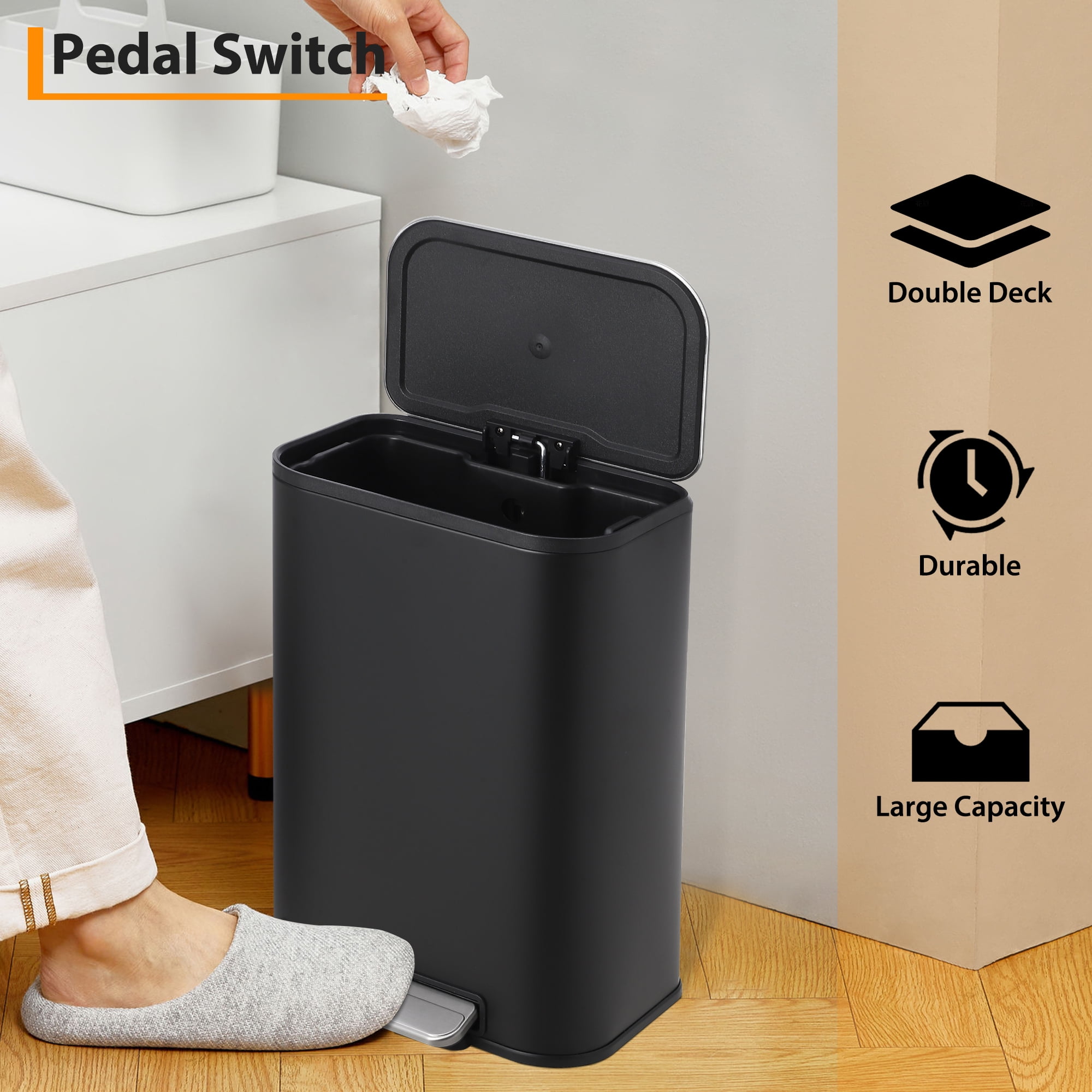 Kitchen Trash Can with Lid, Stainless Steel Garbage Can with Foot Pedal & Removable Inner Bucket, Rectangular Step On Waste Bin for Office Bedroom Living Room