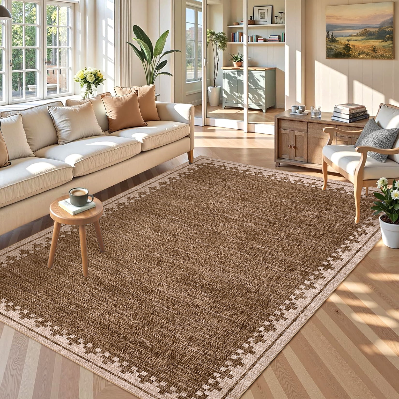 COZONY 5'x7' Modern Bordered Area Rug, Non-Slip Washable Low Pile Soft Carpet for Bedroom & Living Room, Brown