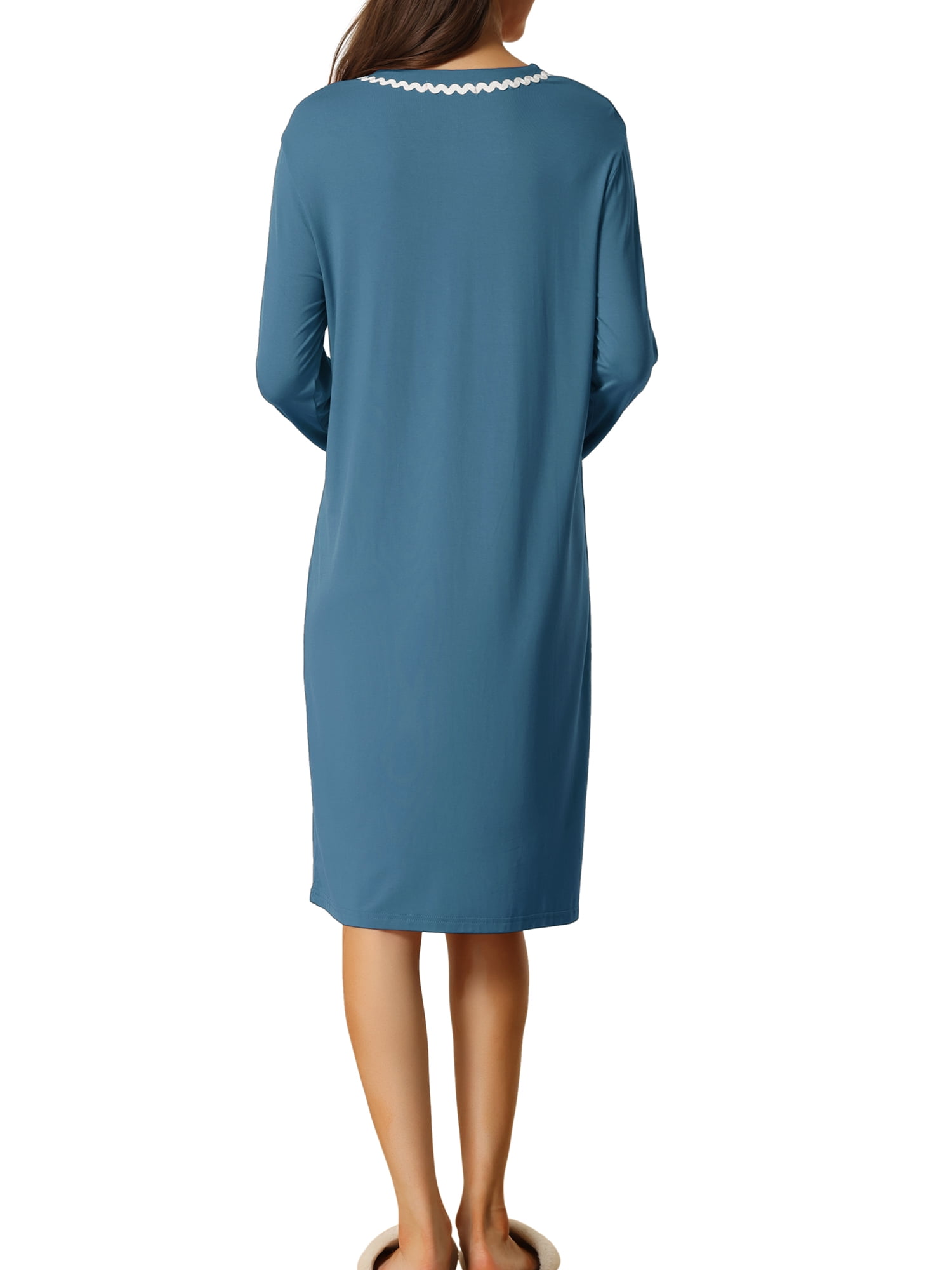 Unique Bargains Womens Nightshirt Button Down Nightgown Long Sleeve Pajama Sleepshirt M Blue
