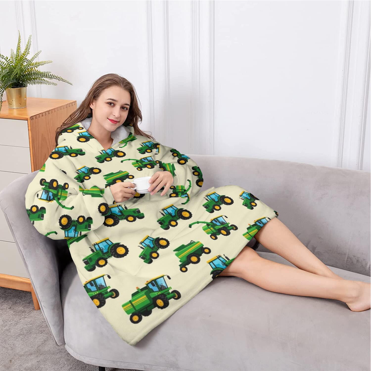 Oversized Wearable Blanket Hoodie,Cartoon Tractors Combines Beige Pattern Sherpa Blanket Hoodie with Super Pockets,Super Warm Fuzzy Pullover for Women & Men