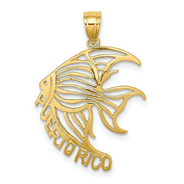Solid 14k Yellow Gold Cut-Out PUERTO RICO Under Angelfish Charm 