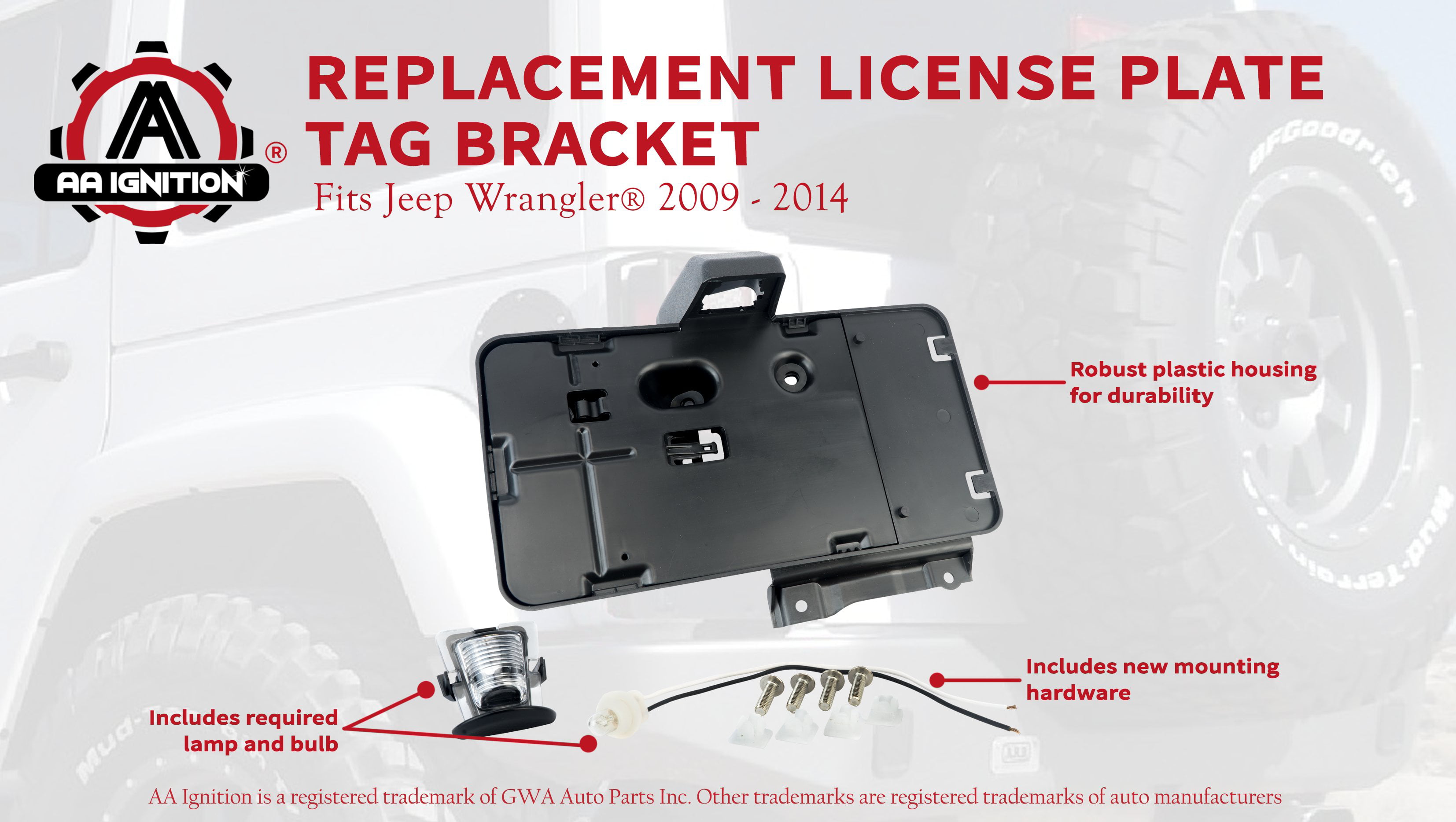 License Plate Tag Bracket With Light - Replaces# 68064720AA - For Jeep  Wrangler Including Years 2009, 2010, 2011, 2012, 2013, 2014 - Rear Plate  Holder Frame 