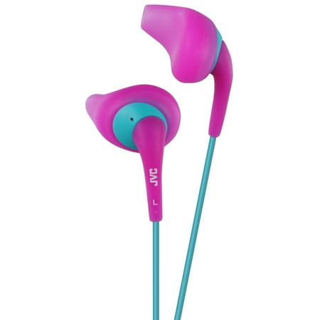 UPC: 0046838070501 | JVC Pink and Green Nozzel Secure Comfort Fit Sweat Proof Gumy Sport Earbuds with long colored cord HA-EN10P