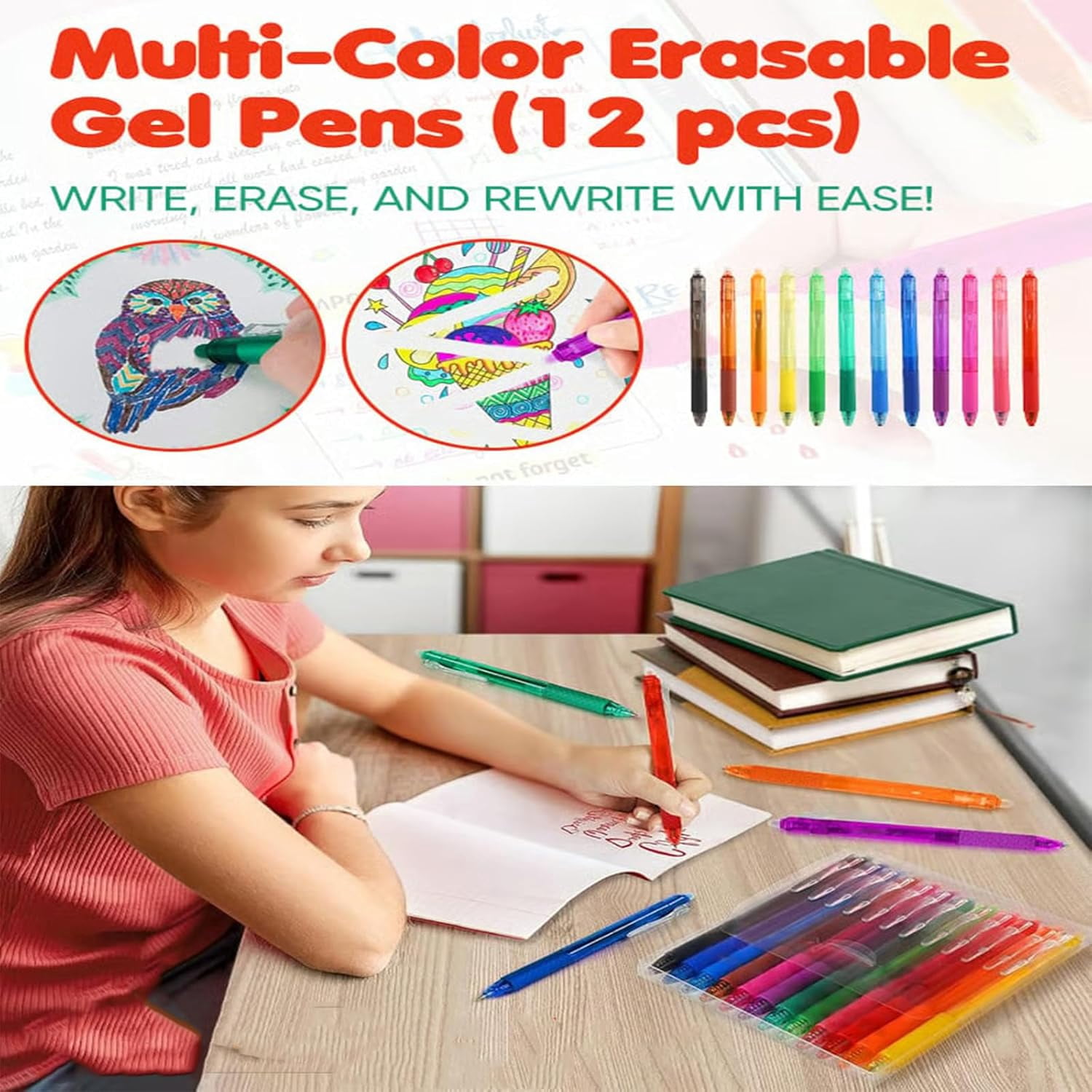 12 PCS Multi-color Erasable Gel Pens, Erasable Colored Pens, 0.7mm Retractable Friction Erasable Pen, Smooth-Flowing Retractable Erasable Design, Fine Point 0.7mm for Note, Planner, Drawing