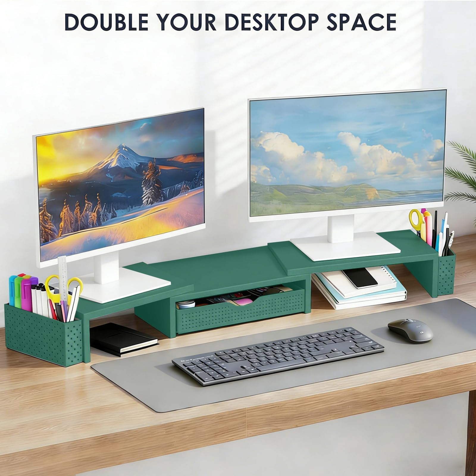 Metal Desk Organizers And Accessories  Dual Monitor Stand Riser With Drawer 2 Pen Holders & Workspace Desktop For Office Supplies (dark Gree)